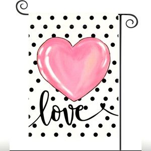 NWT Valentine Pink Heart Black Polka Dots Love Burlap Outdoor Garden Flag 12x18”